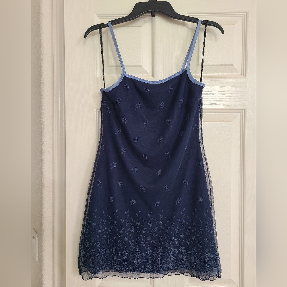 City Triangles Navy Mini Dress with Light Blue Trim and Floral Embroidery
